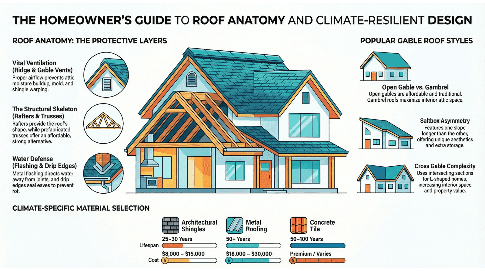 Gable roof guide infographic: types, pros and cons, cost, and maintenance for Utah homes