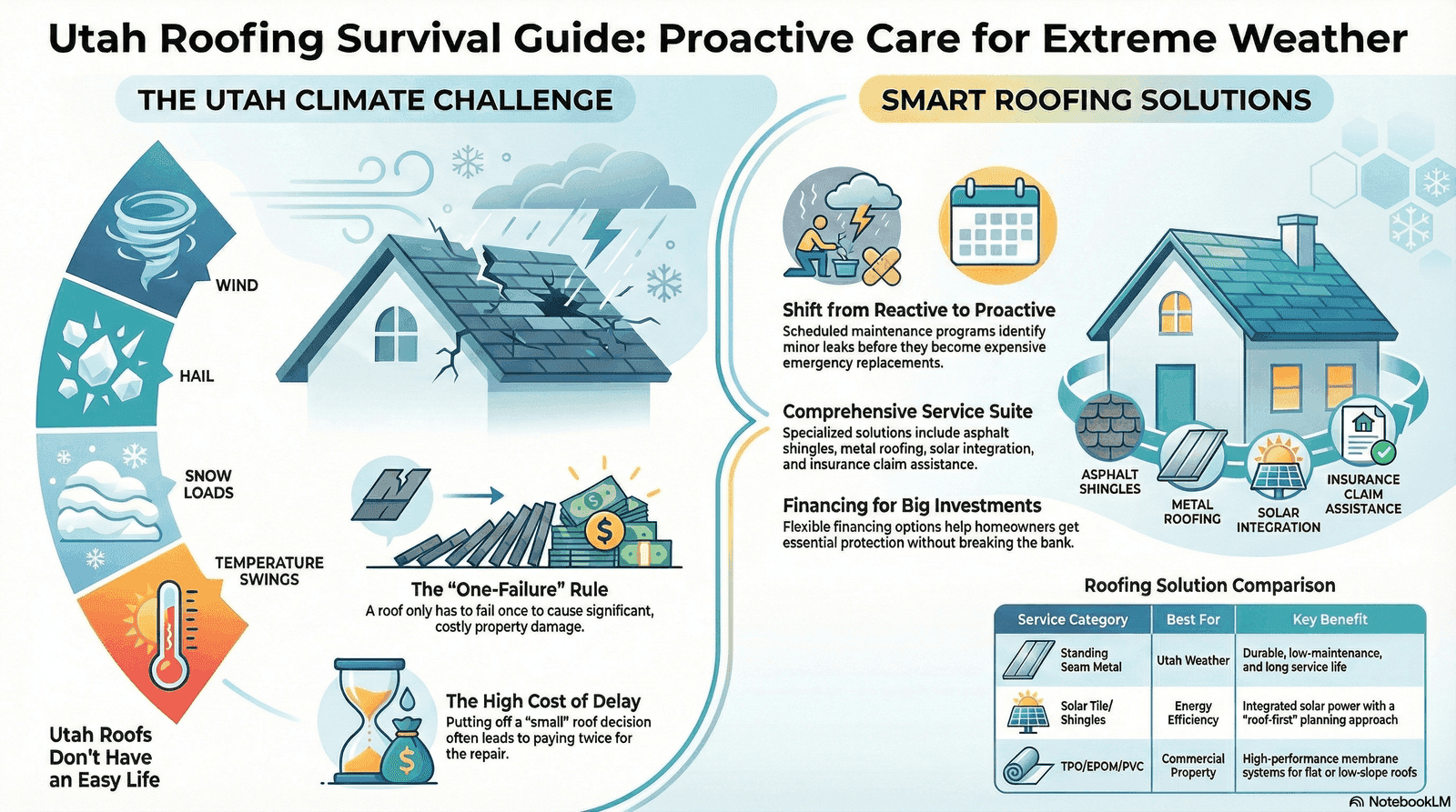 Utah Roofing Survival Guide infographic showing climate risks and proactive roofing solutions for wind, hail, snow loads, and temperature swings