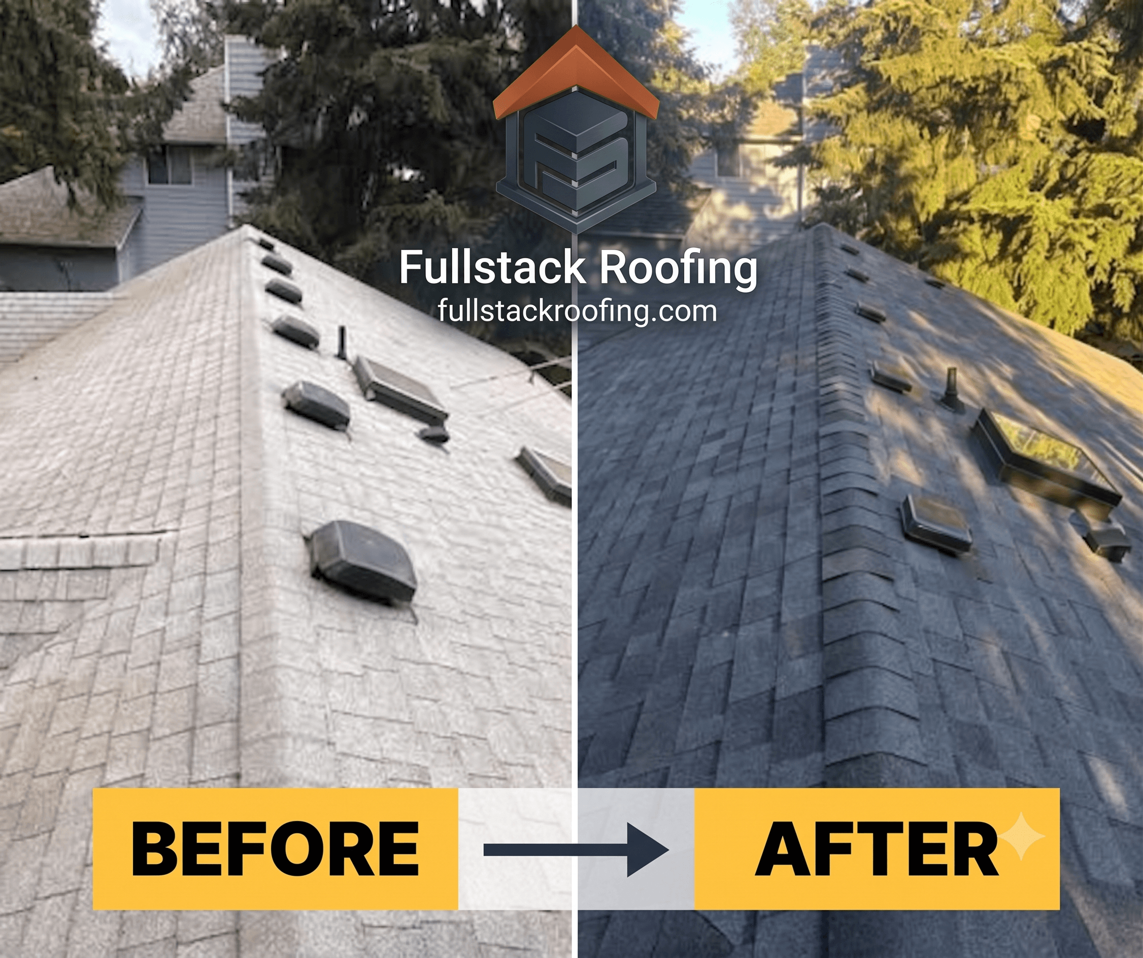 Before and after roof replacement by Fullstack Roofing Utah